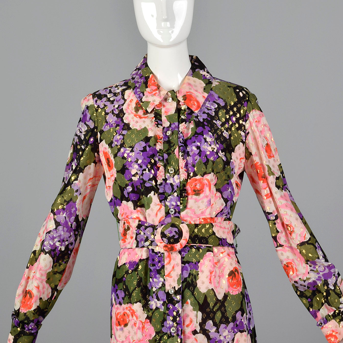 1970s Floral Maxi Dress with Metallic Polka Dots