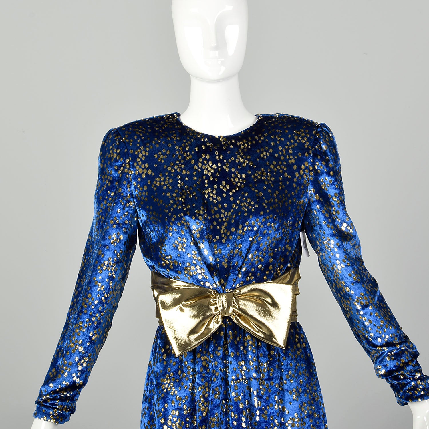 Medium 1980s Blue Velvet Cocktail Dress Long Sleeve Gold Eyelash Lame