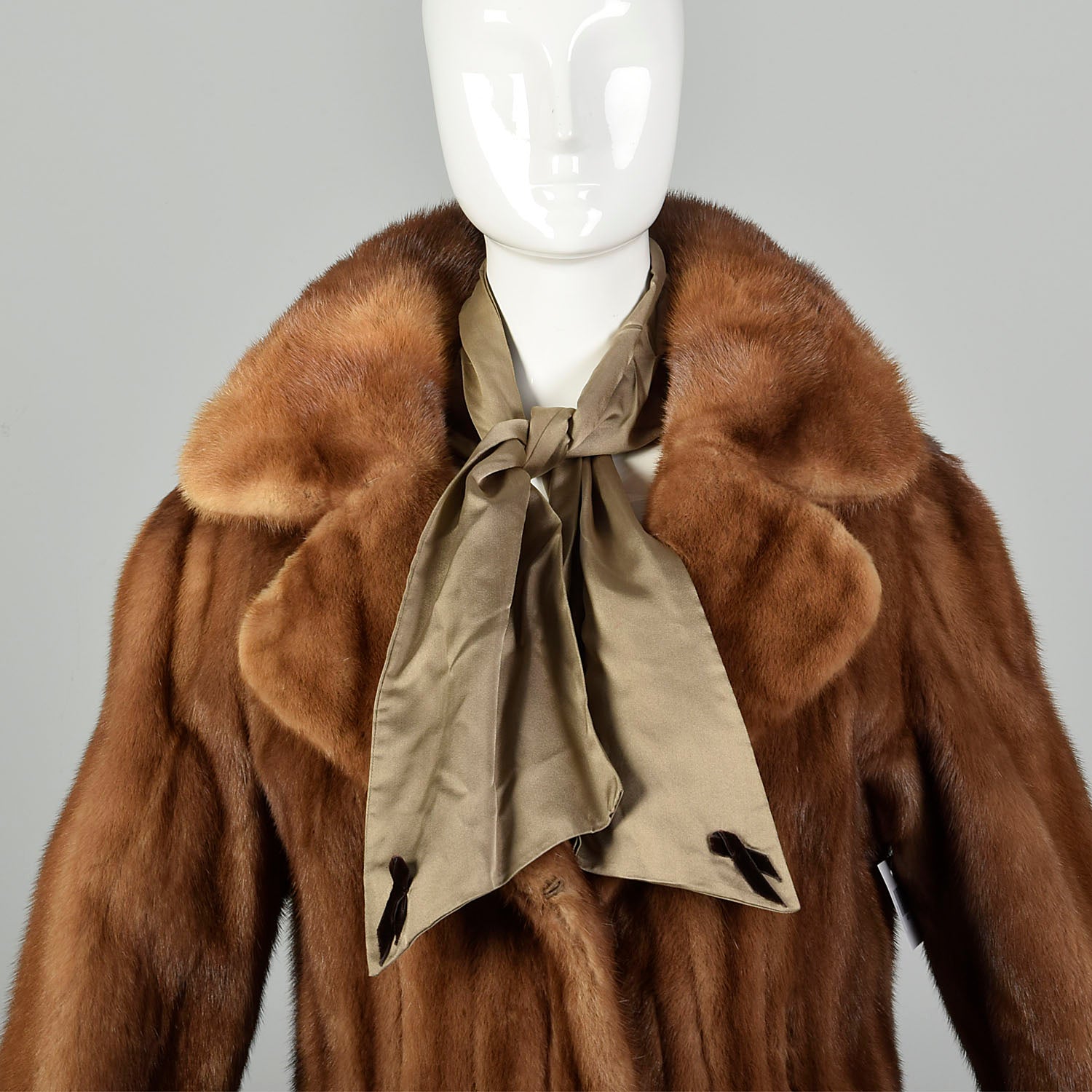 Small 1950s Real Fur Mink Swing Coat Attached Silk Scarf Mid Length