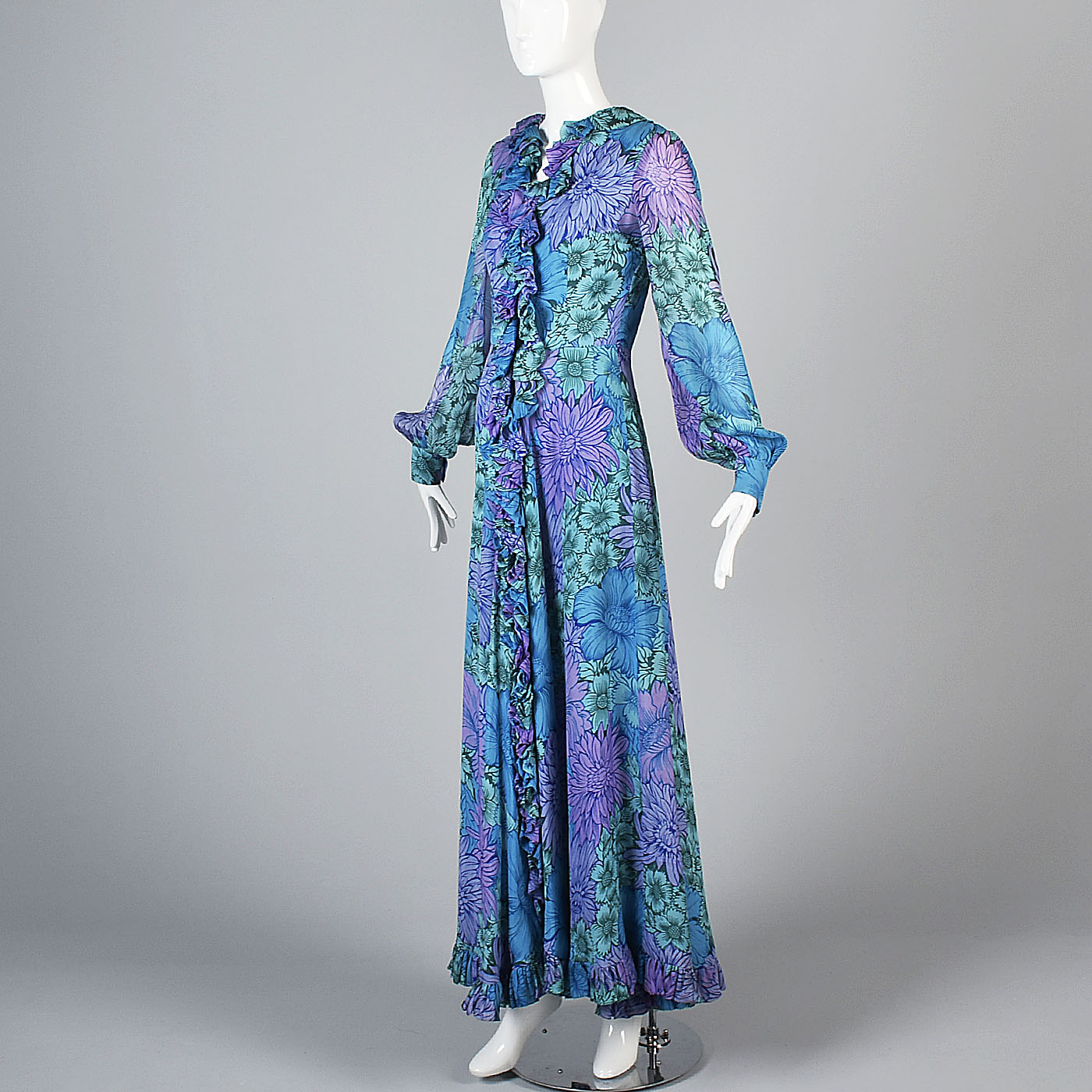 1960s La Mendola Silk Maxi Dress in a Blue Floral Signature Print