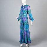 1960s La Mendola Silk Maxi Dress in a Blue Floral Signature Print