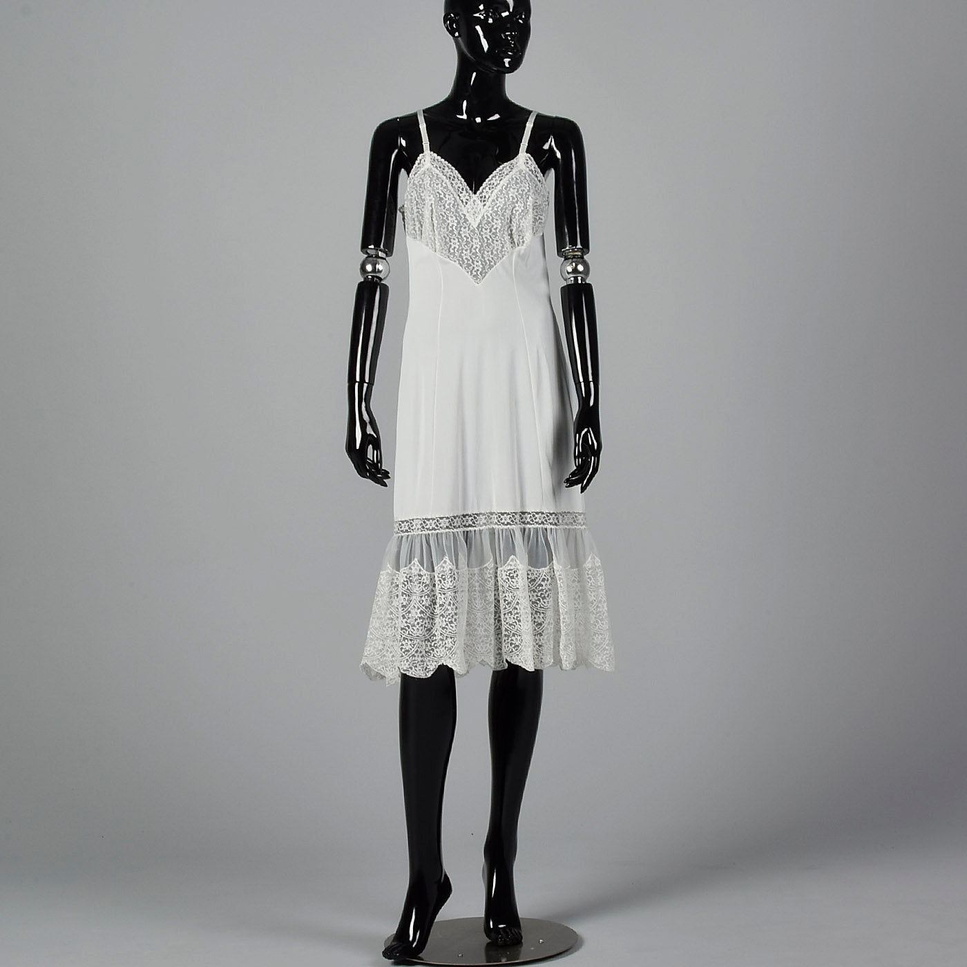 1950s Lace Trim White Nylon Slip with Adjustable Straps