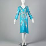 Medium 1970s India Blue Silk Sequin Cocktail Dress