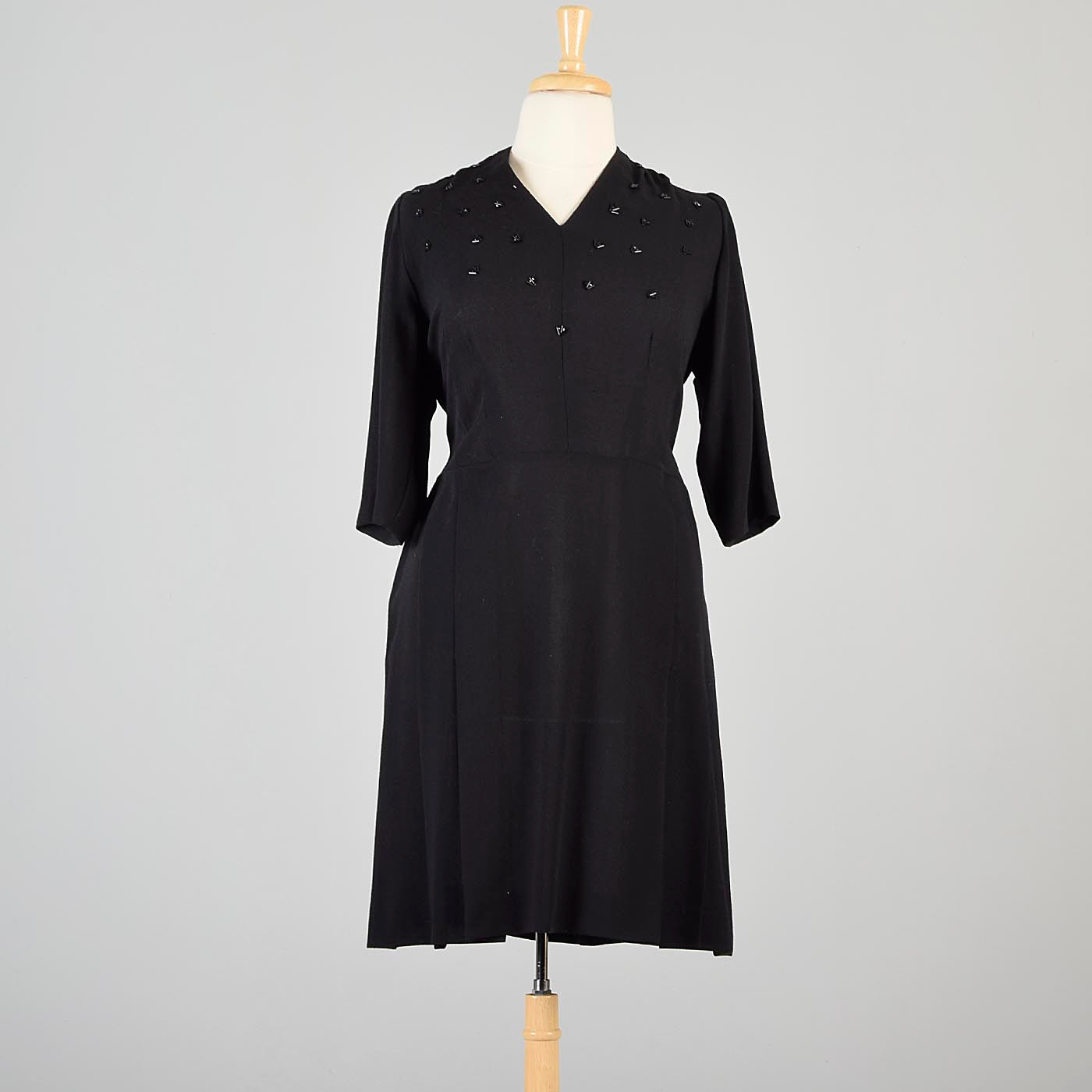 1940s Black Crepe Dress with Beaded Bust