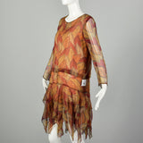 Small 1920s Silk Crepe Print Dress Novelty Leaf Print Flowy Handkerchief Hem Drop Waist