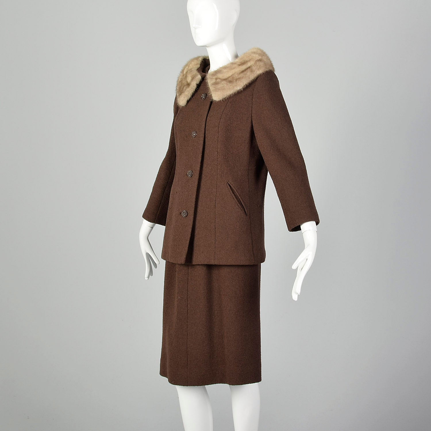 Small 1960s Brown Tweed Skirt Suit with Mink Collar