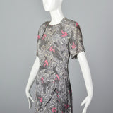1940s Novelty Print Rayon Dress Gray Swirl with Birds