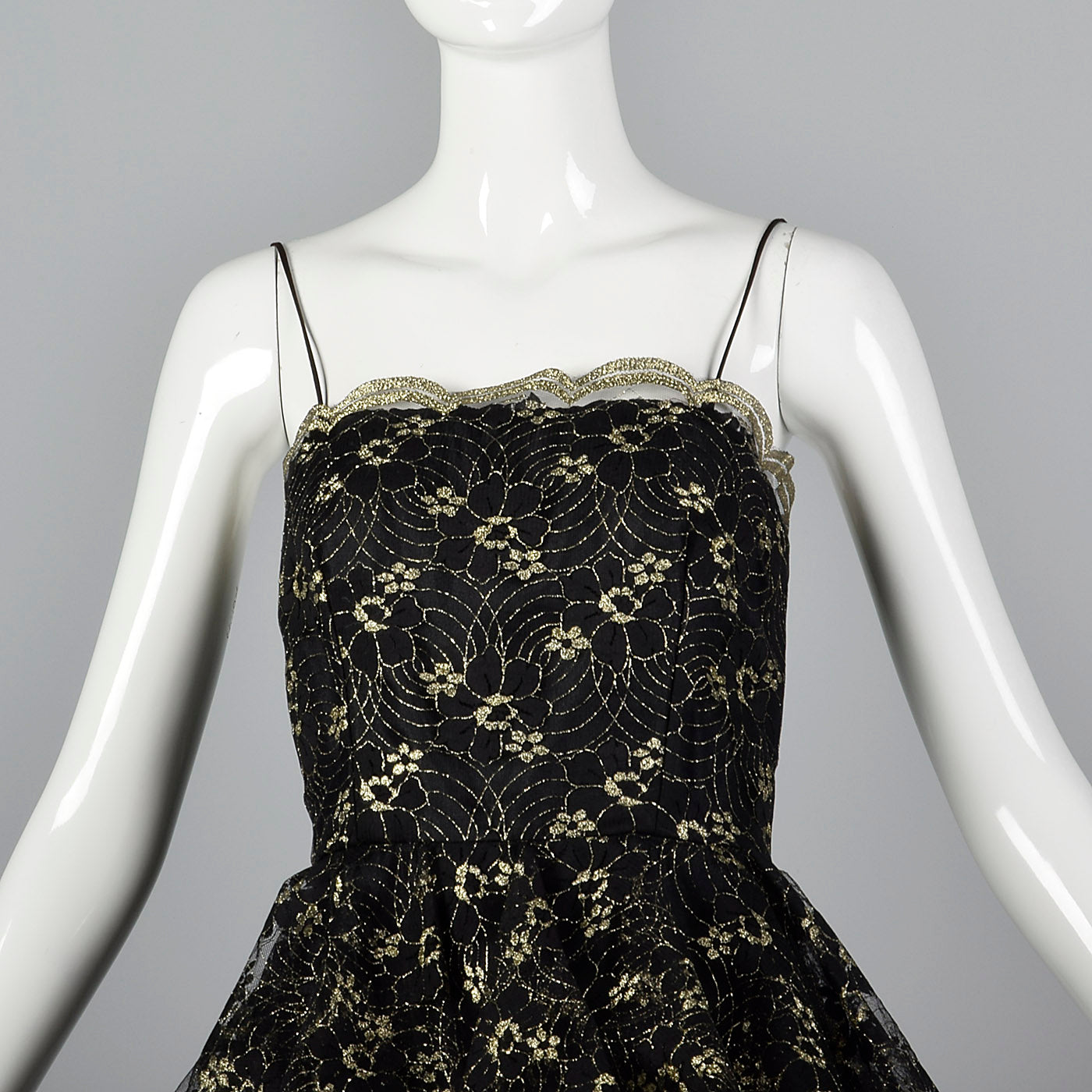 1980s Lillie Rubin Black & Gold Lace Dress with Layered Skirt