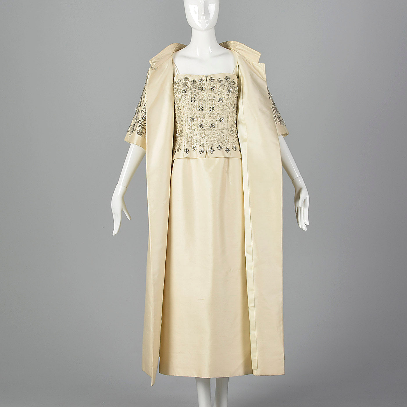 1960s  Beaded Wedding Ensemble with a  Sleeveless Dress and Formal Opera Coat