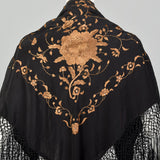 Black Silk Piano Shawl Brown Floral Embroidery Rhinestones with Fringe