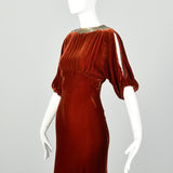 Small 1930s Silk Velvet Dress Tawny Glamorous Beaded Evening Gown Old Hollywood