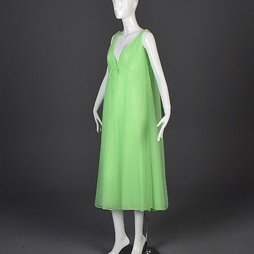 1960s Claire Sandra Lucie Ann Beverly Hills Green Chiffon Nightgown & Peignoir Set with Pom Poms