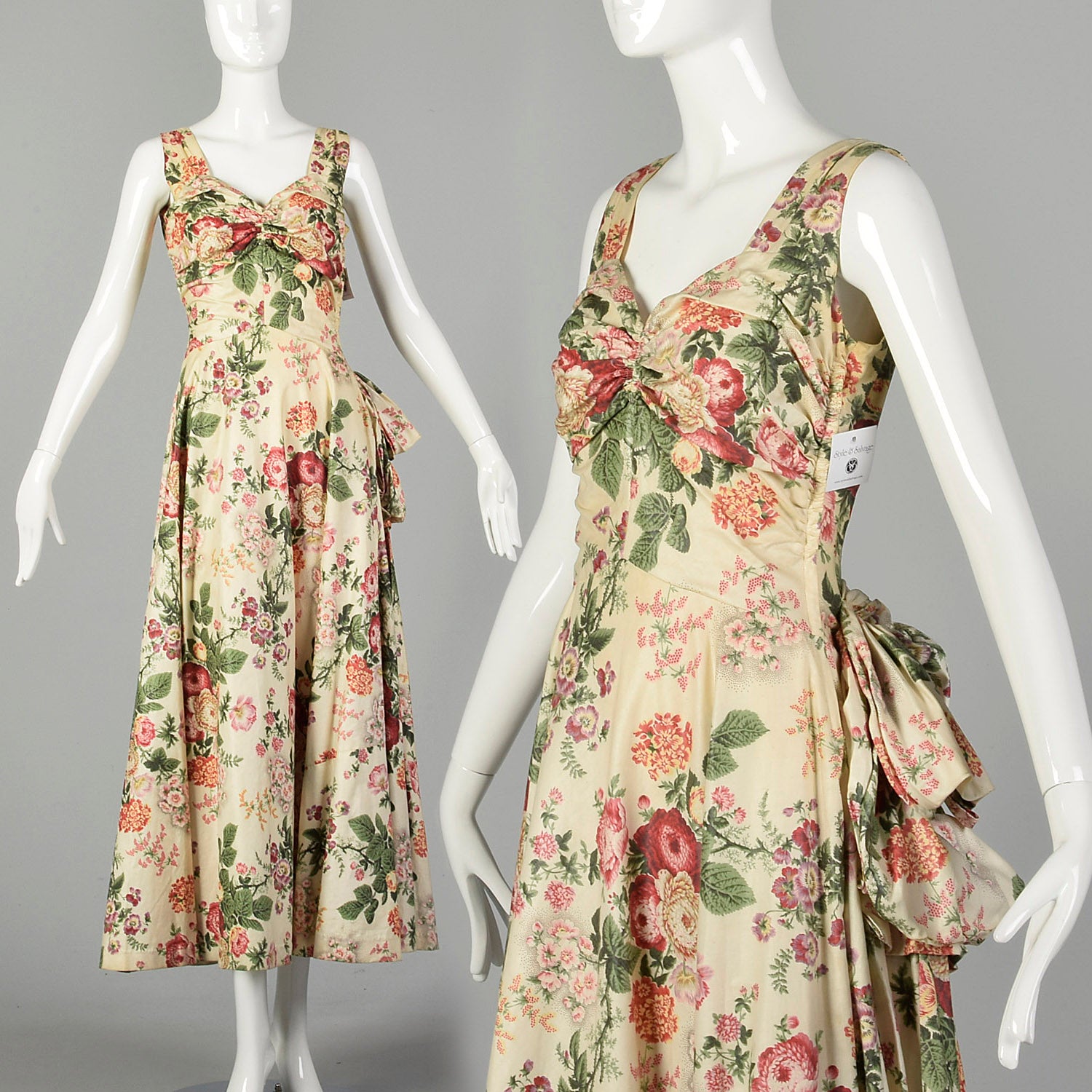 Medium 1940s Sleeveless Floral Spring Dress Ruched Bust