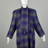 Large 1980s Coat Colorful Purple Plaid Striped Soft Mohair Winter Outerwear Maxi
