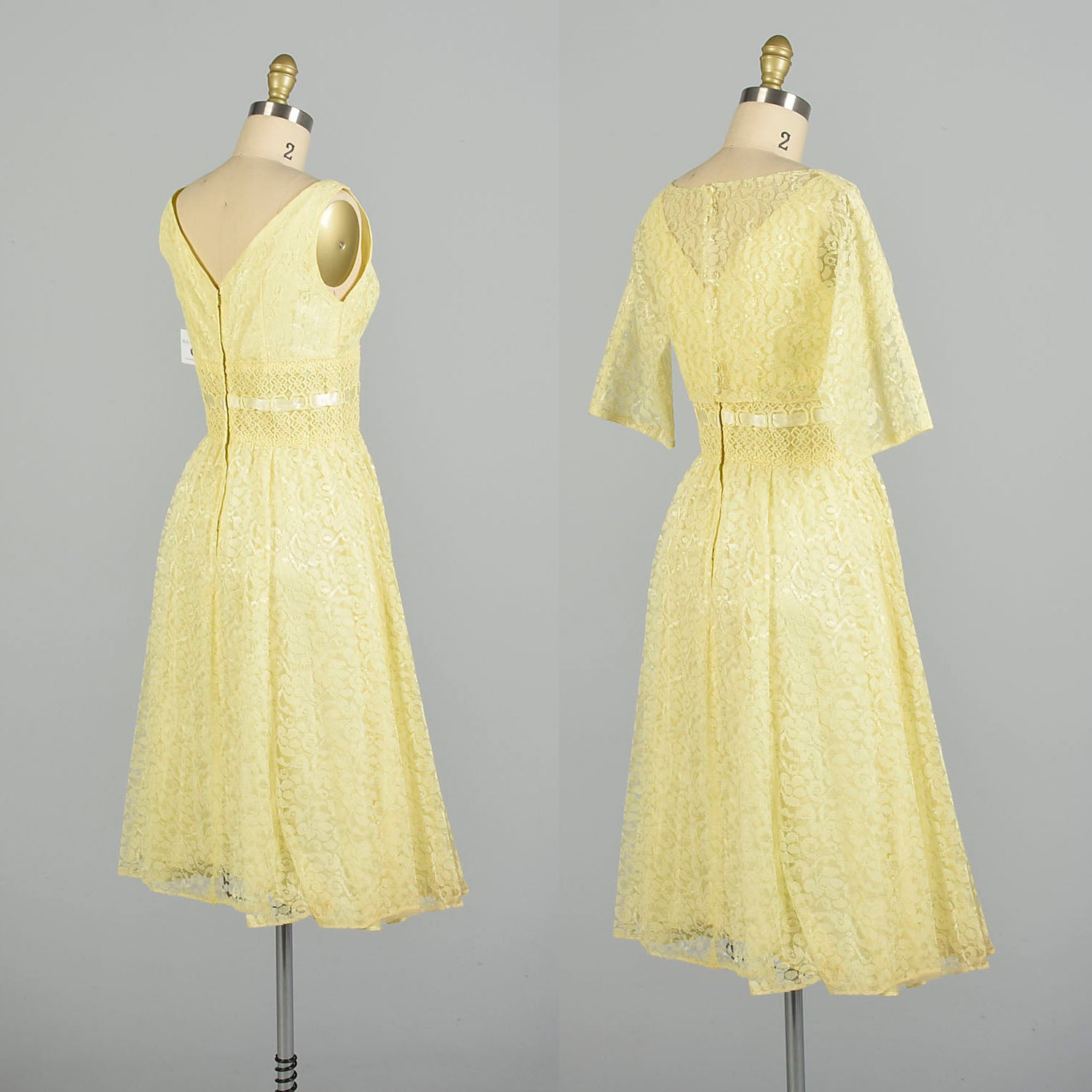 Small 1960s Yellow Lace 2pc Set Crop Top Sleeveless Dress