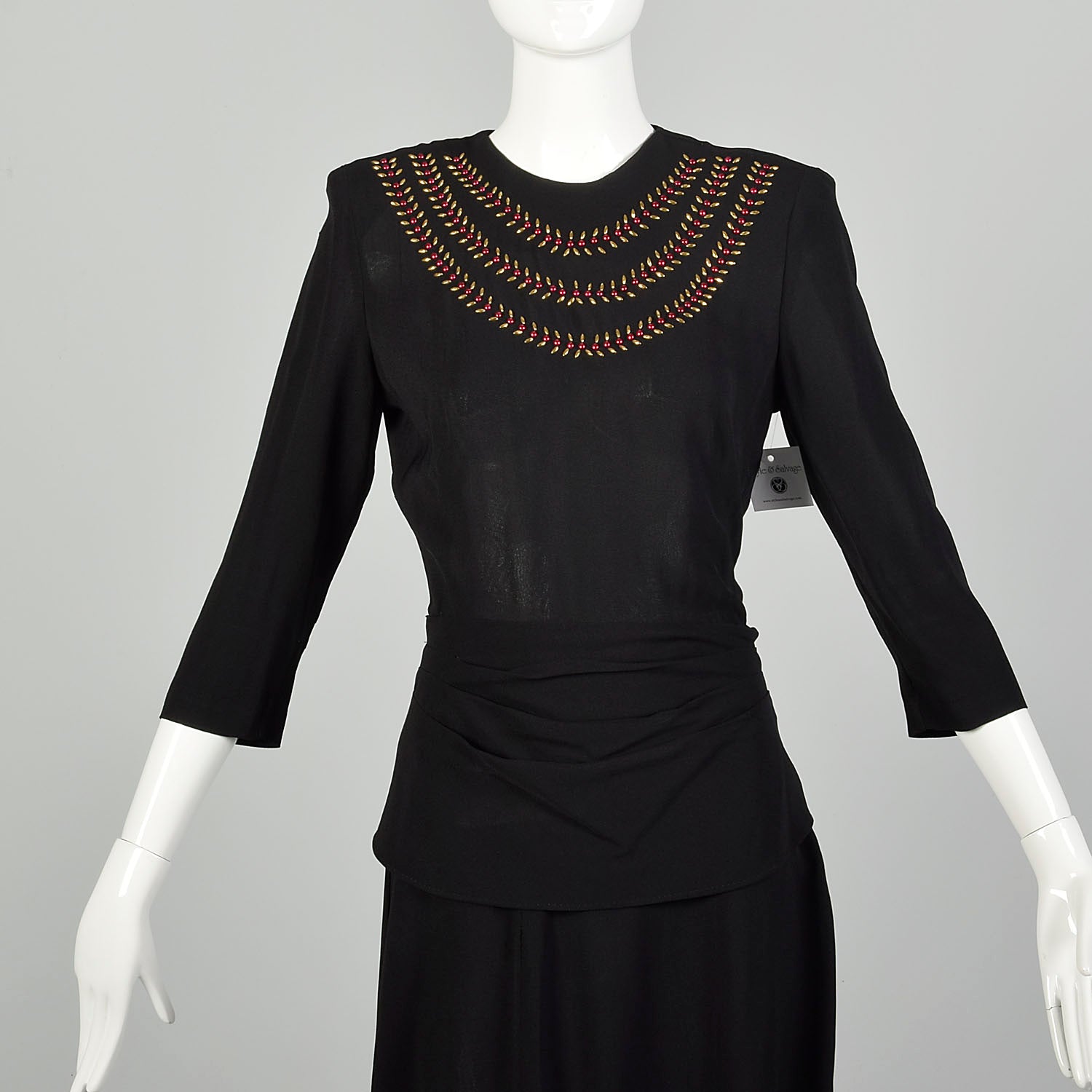 XS 1940s Little Black Dress Rayon Studs Quarter Length Sleeve