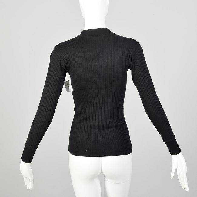 XXS 1960s Deadstock Black Ribbed Lightweight Long Sleeve Mock Turtleneck Shirt