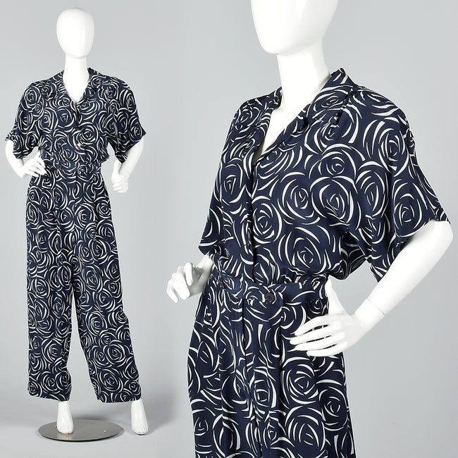 1980s Albert Nipon Navy Silk Print Jumpsuit