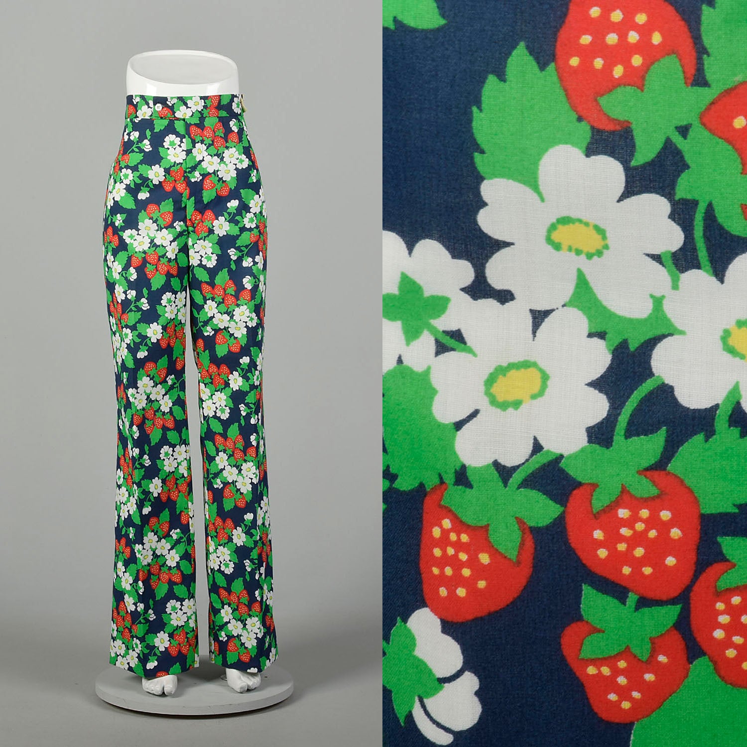 XL 1970s Novelty Print Pants Deadstock Wide Leg High Waist Strawberry Print