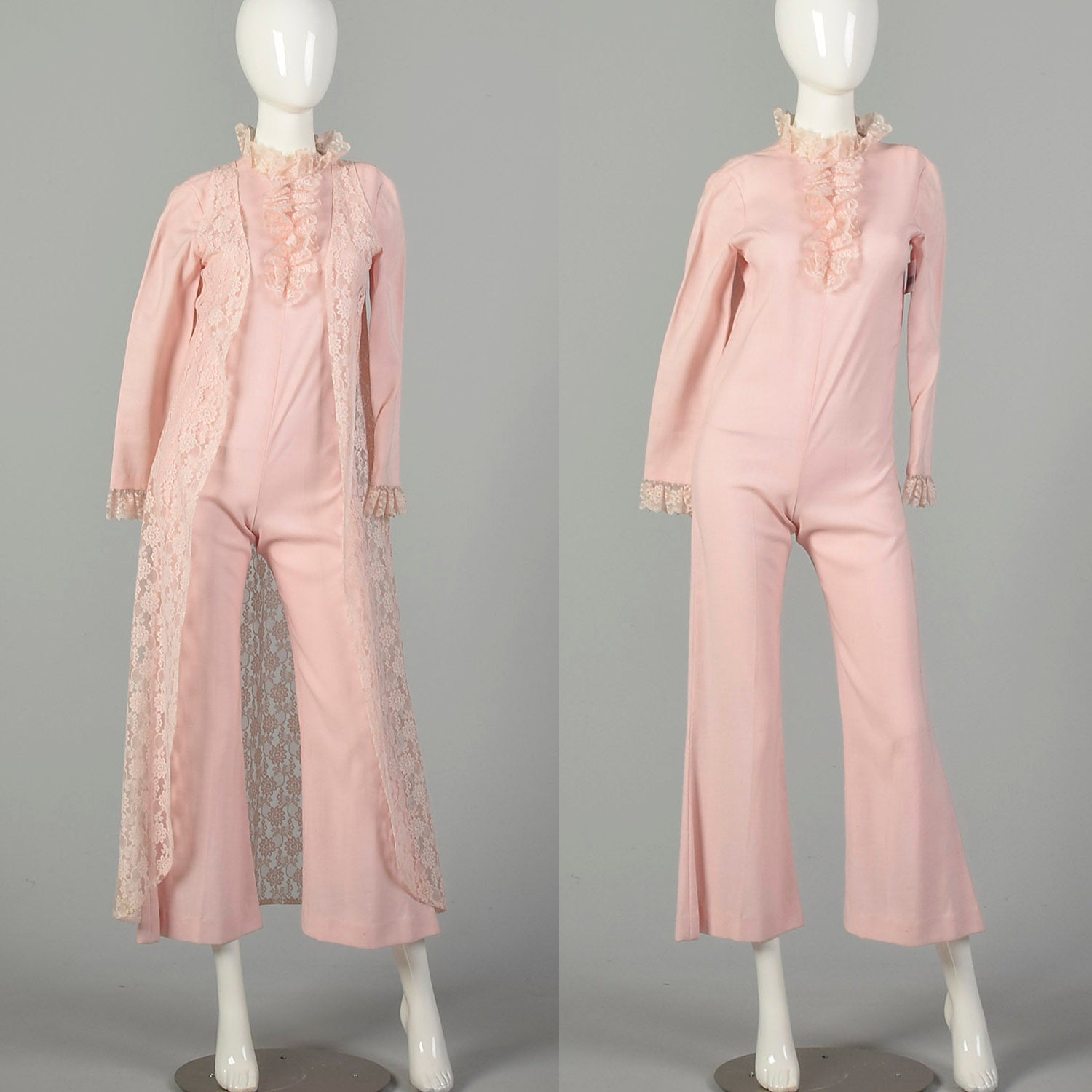 XXS 1970s Jumpsuit Two-Piece Pink Lace Vest Longsleeve