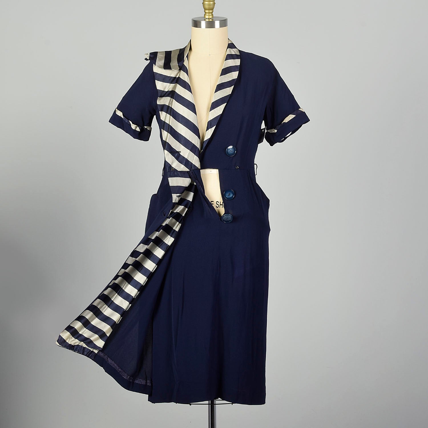 Large 1950s Asymmetric Dress Navy Striped Collar Day Dress Summer Casual