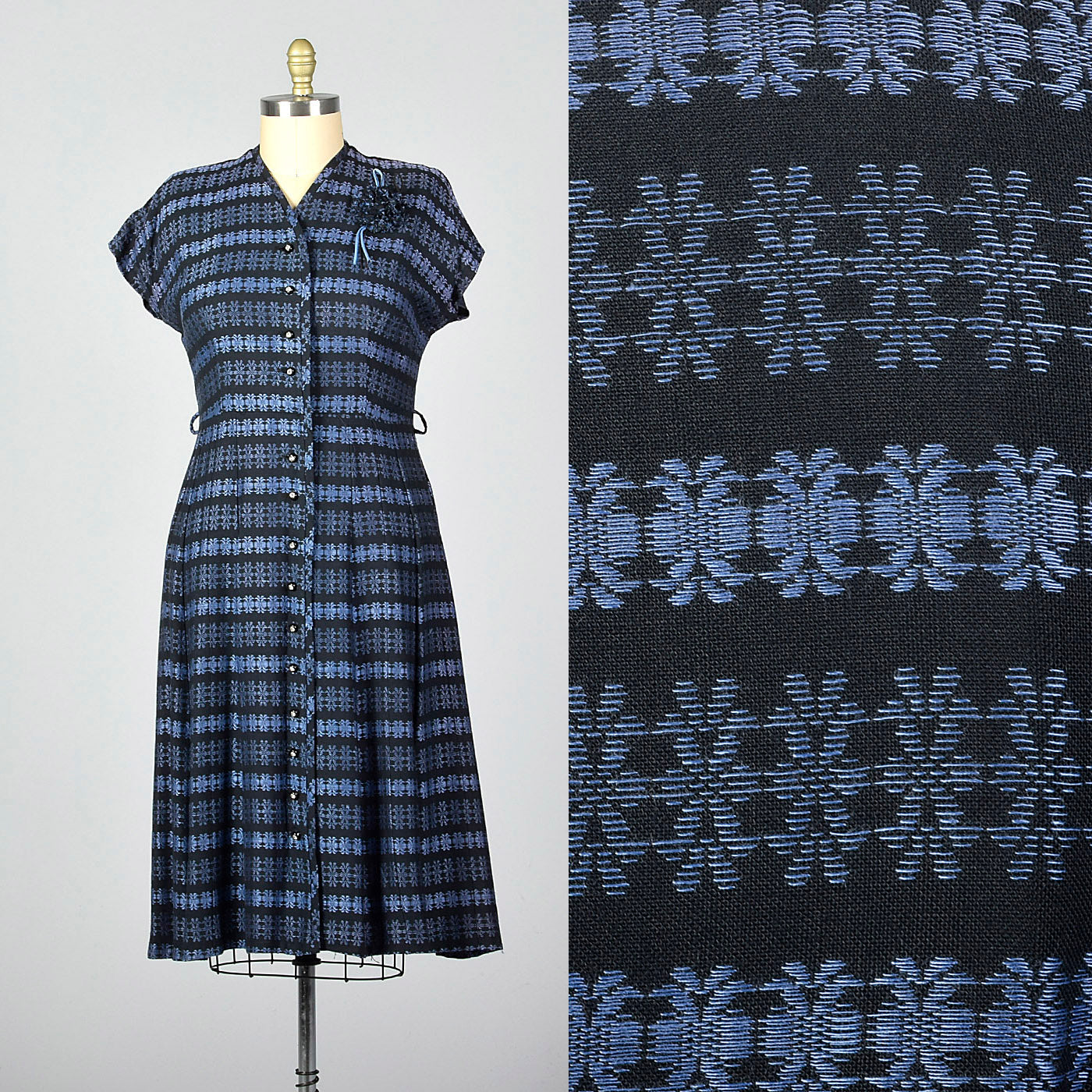 1950s Blue Stripe Dress with Floral Corsage
