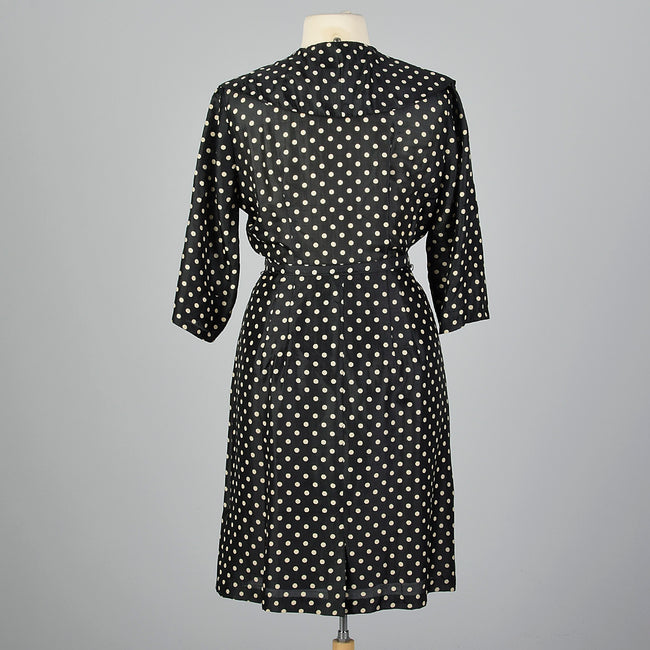 1950s Black Silk Polka Dot Dress