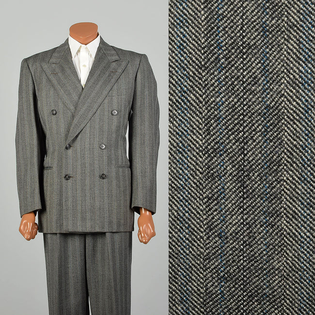 42L 1940s 2pc Suit Grey Herringbone Twill Double Breasted Peak Lapel
