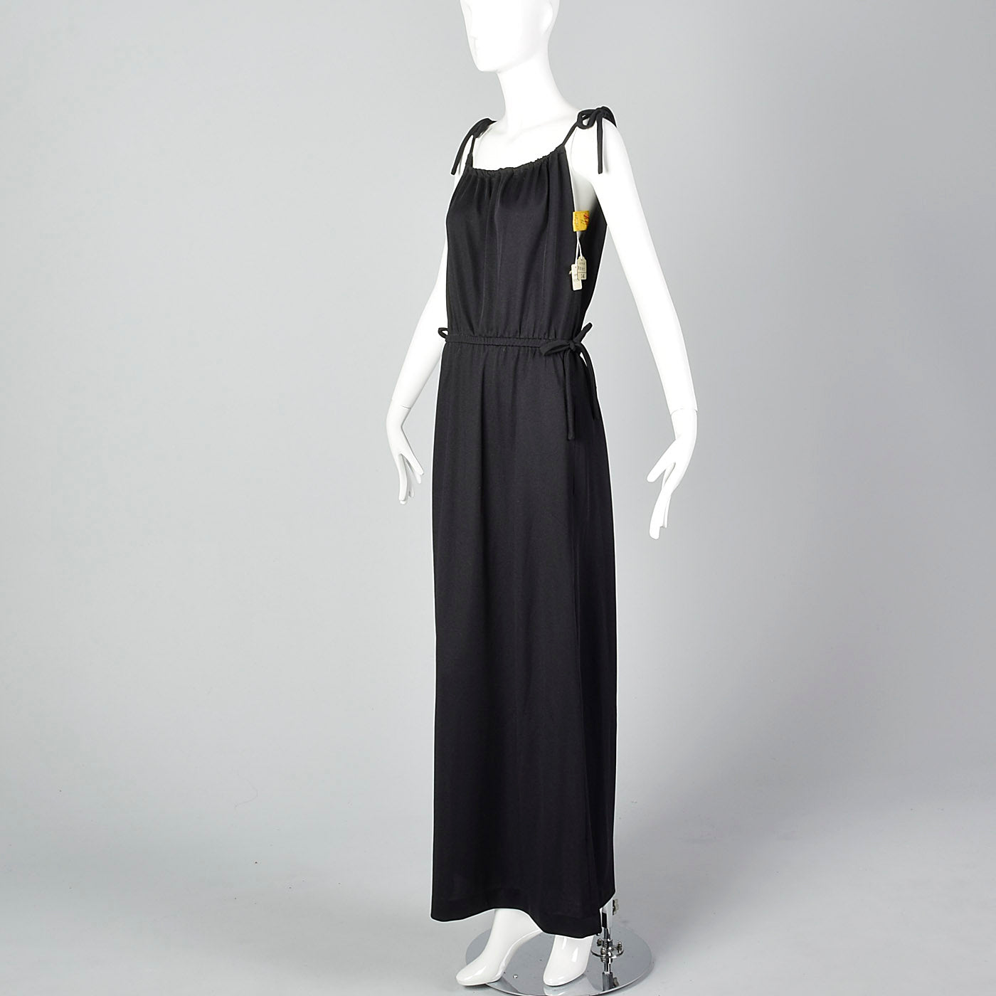 1970s Black Maxi Dress with Faux Drawstring Details