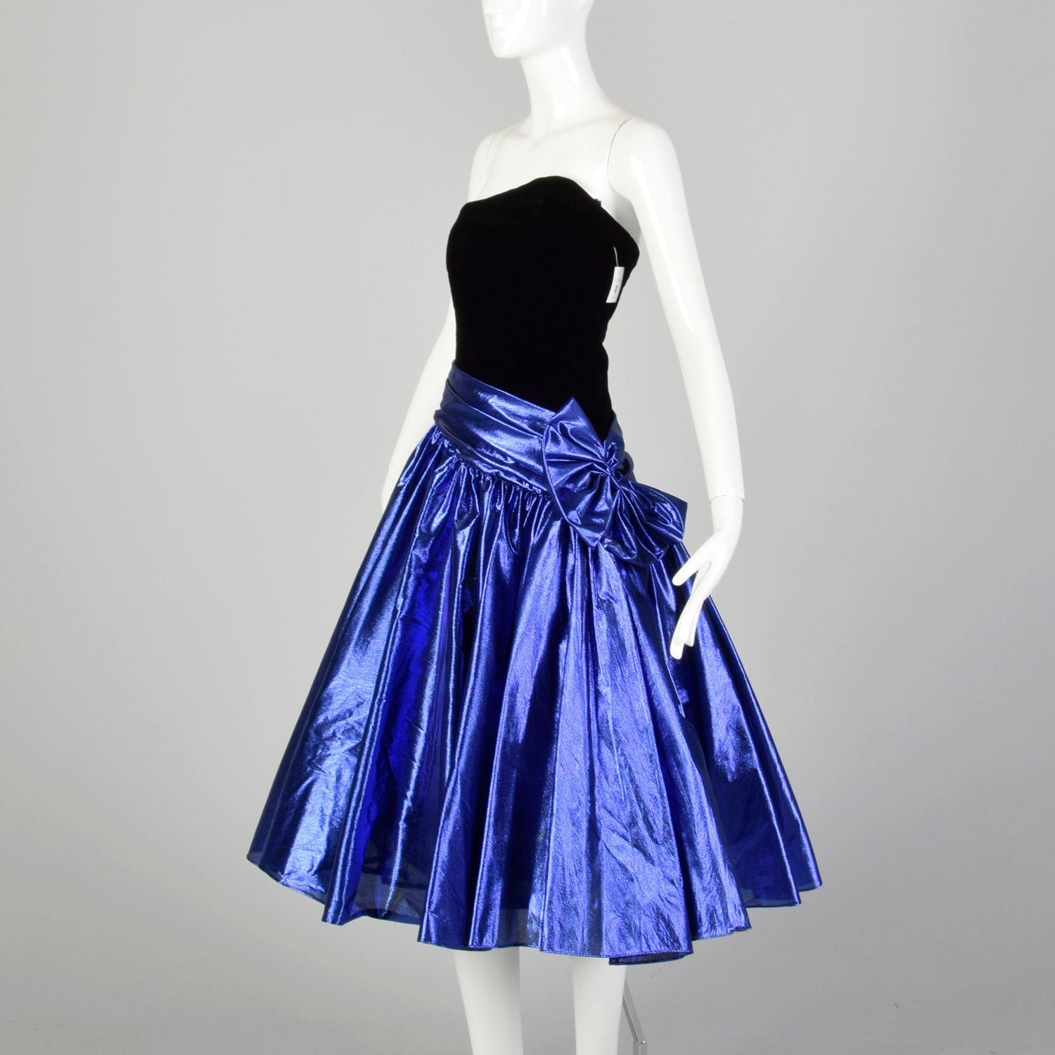 XXS 1980s Blue Lamé Prom Dress Asymmetric Black Velvet Full Skirt