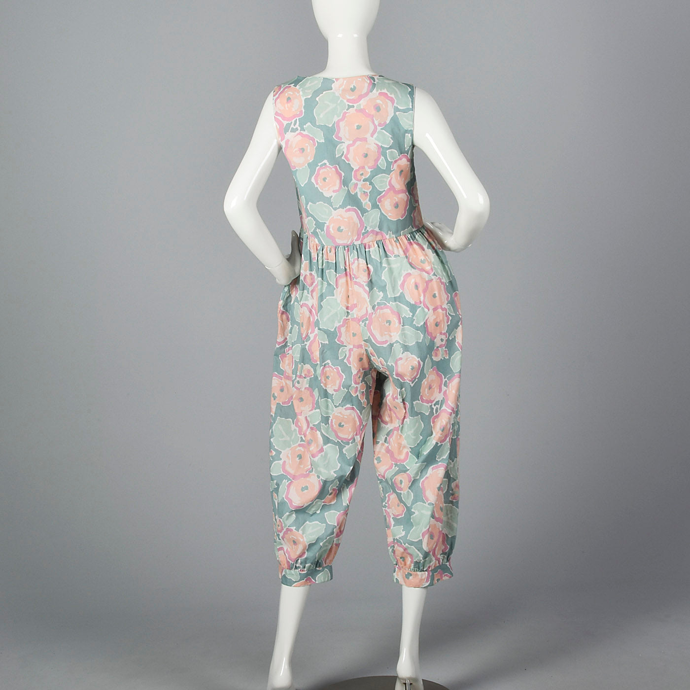 1980s Sage Green Jumpsuit with Pastel Floral Print