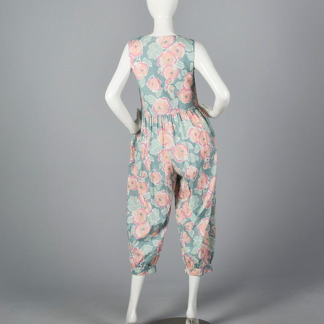 1980s Sage Green Jumpsuit with Pastel Floral Print