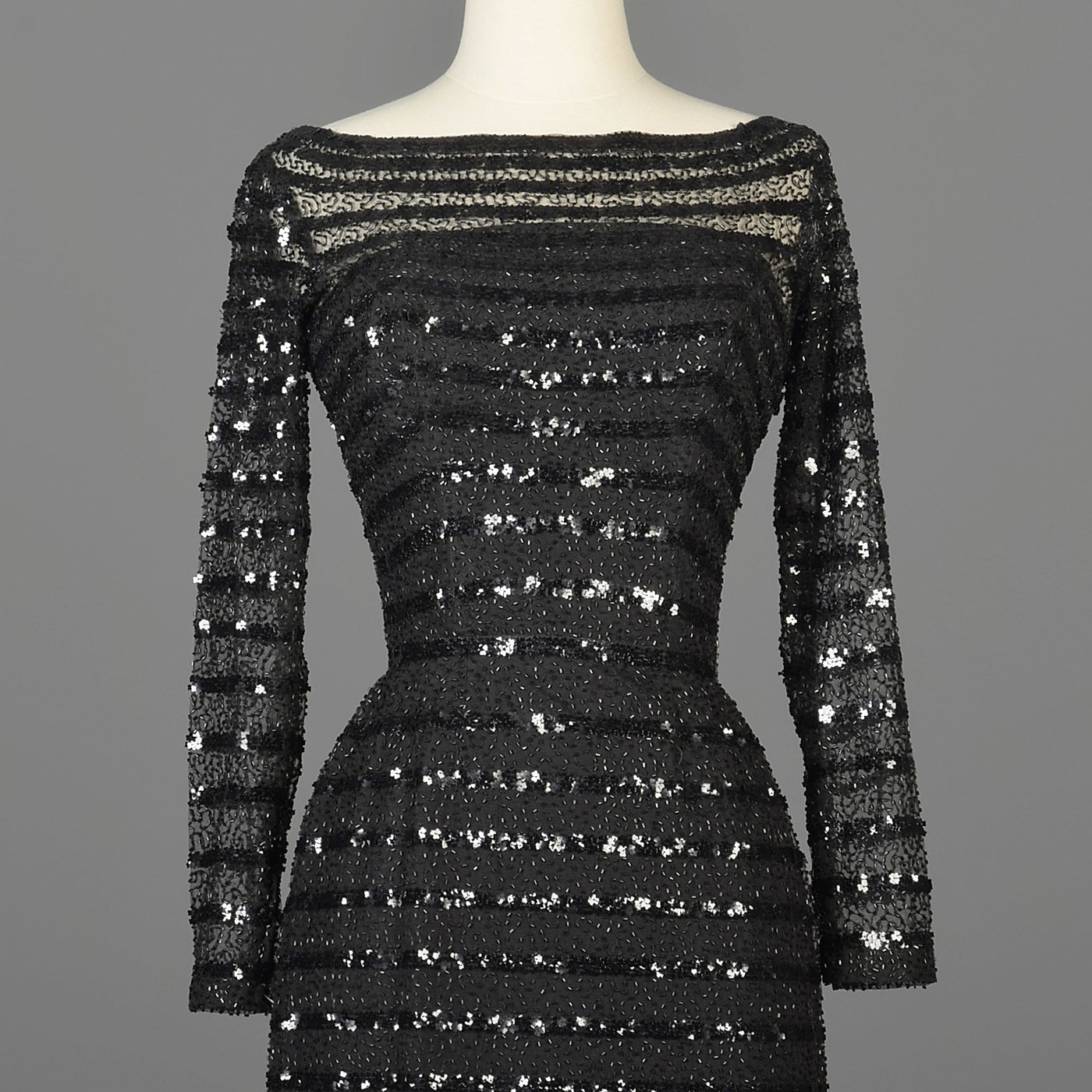 1960s Ceil Chapman Sheer Black Wiggle Dress with Sequin Stripes Style & Salvage 1960s Ceil Chapman Sheer Black Wiggle Dress with Sequin Stripes Style & Salvage
