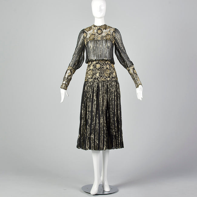 Small Marc Vaughan 1970s Sheer Black and Metallic Gold Dress