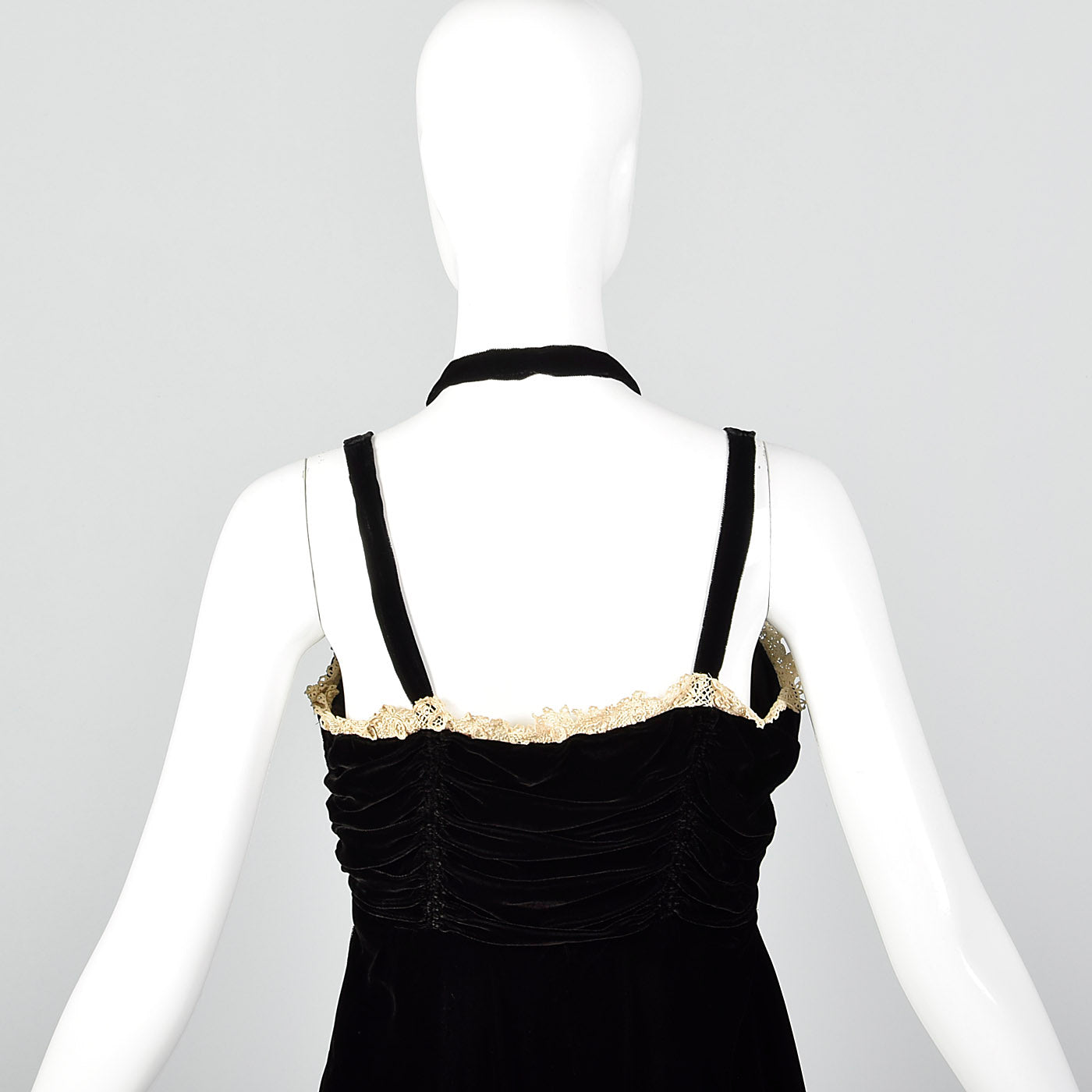 1940s Black Velvet Halter Dress with Ruched Bodice