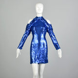 Small 1990s Blue Sequin Body Con Party Dress Long Sleeve Mini Dress Cold Shoulder Dress