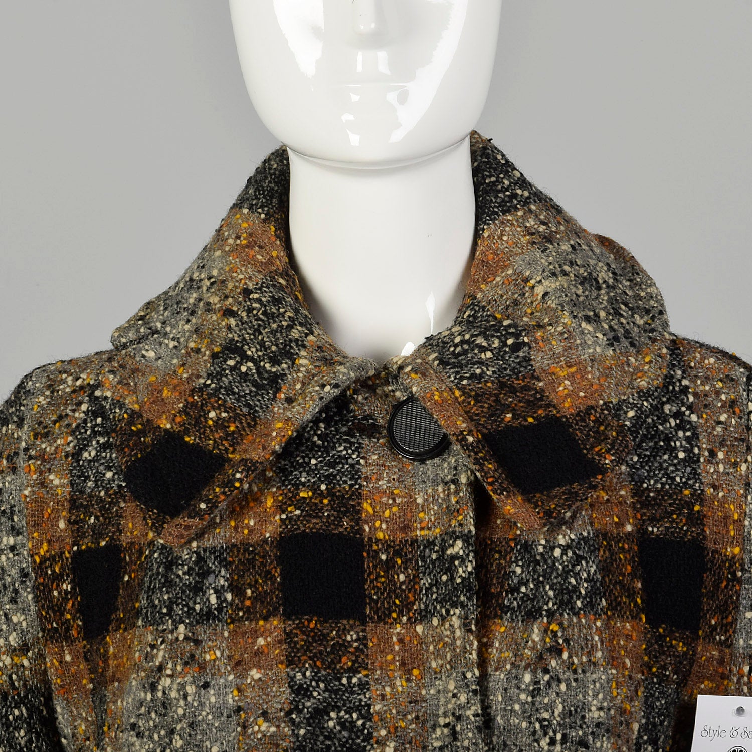 XL 1950s Coat Black Brown Flecked Tweed Overcoat Plaid Winter Wool Plush Lined Outerwear