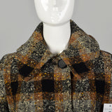XL 1950s Coat Black Brown Flecked Tweed Overcoat Plaid Winter Wool Plush Lined Outerwear