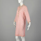 Large 1960s Mod Pink Dress Beaded Lace Long Sleeve Cocktail Party