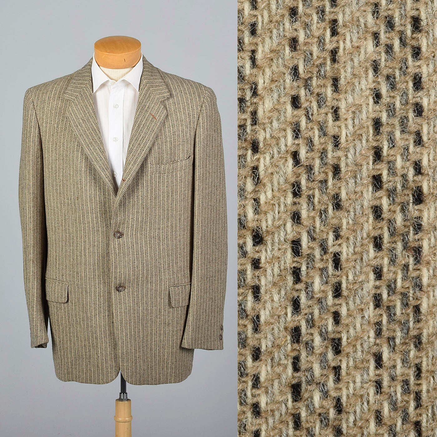 1950s Tan Tweed Stripe Jacket with Convertible Pockets