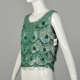 Medium 1960s Top Sleeveless Sequin Green Beaded Cocktail Evening Shirt