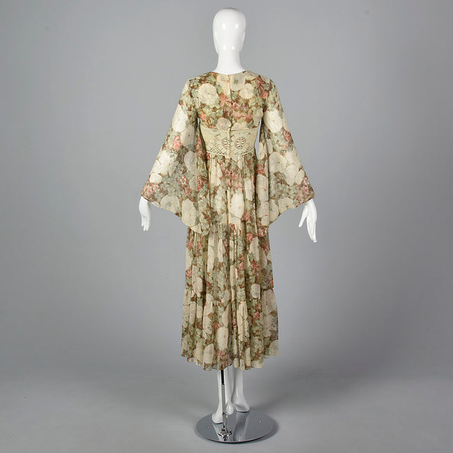 1970s Gunne Sax Brown Floral Maxi Dress