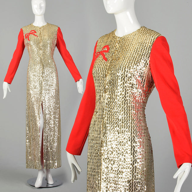 Medium Oscar de la Renta 1970s Long Gold Sequin Red Sleeve Dress