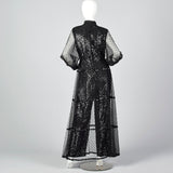 1970s Oscar de la Renta Sequined Jumpsuit with Low V Neckline & Sheer Mesh Overskirt