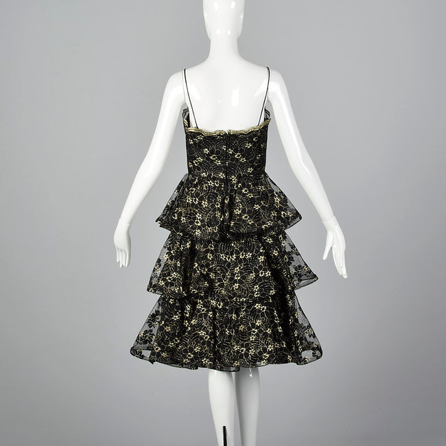 1980s Lillie Rubin Black & Gold Lace Dress with Layered Skirt