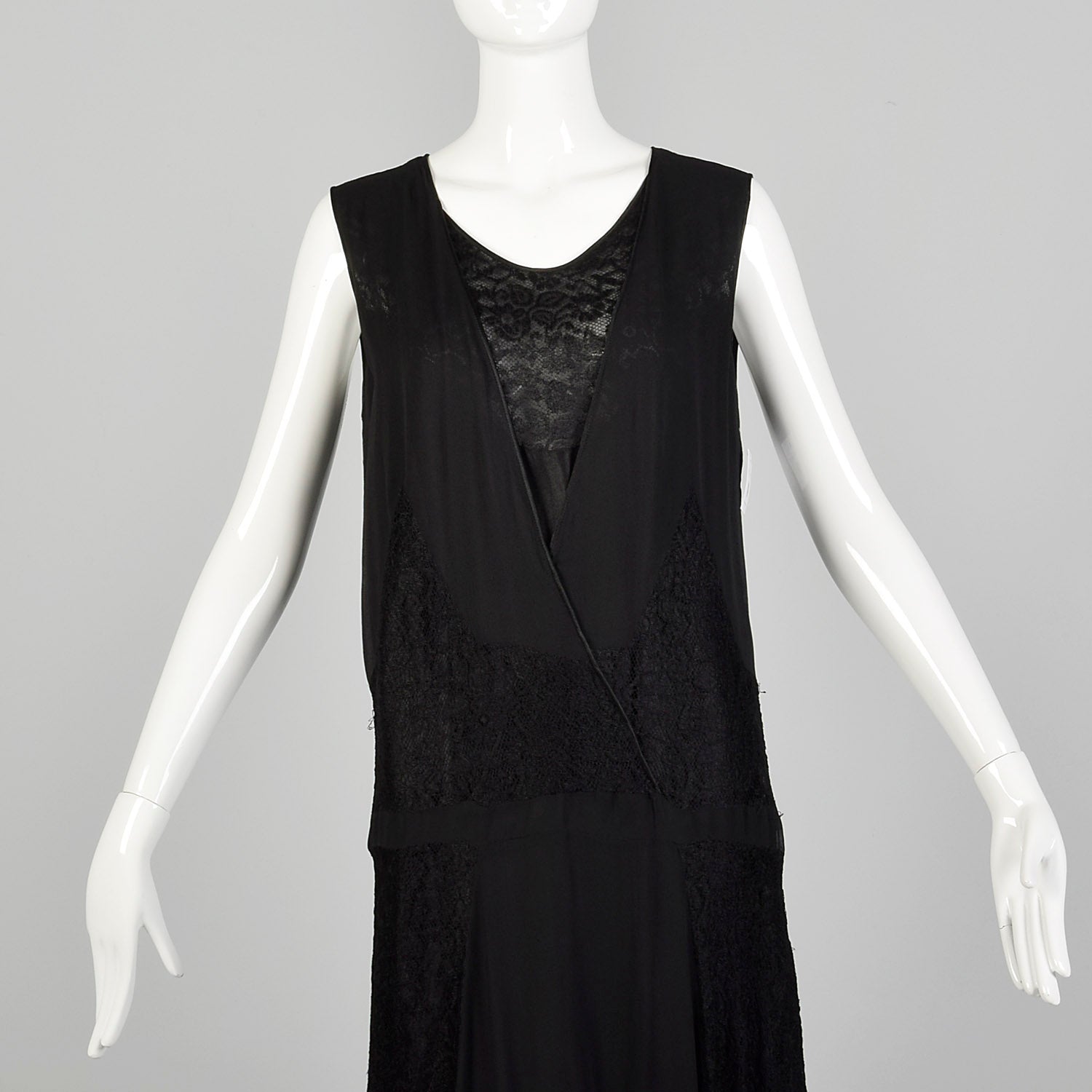 Medium 1920s Black Silk Dress Lace Panel Elegant Sleeveless Evening