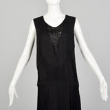 Medium 1920s Black Silk Dress Lace Panel Elegant Sleeveless Evening