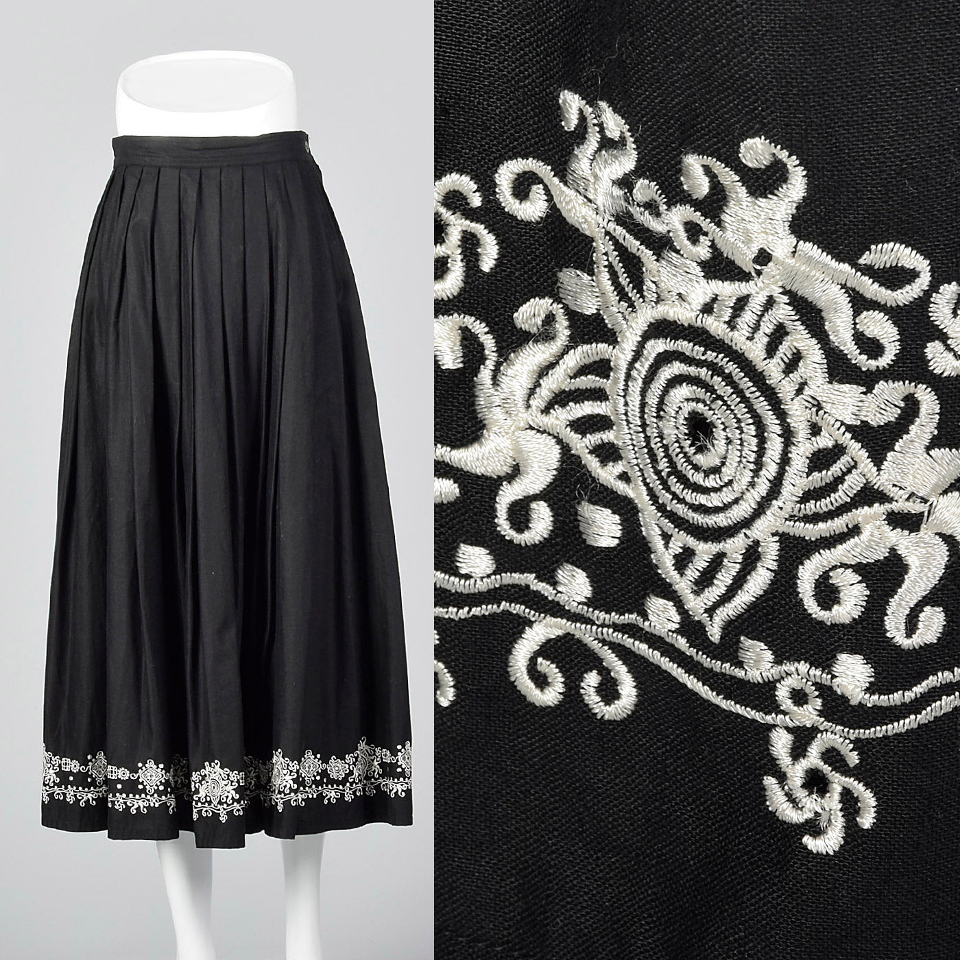 1990s Anne Klein A Line Black Skirt with Embroidered Border