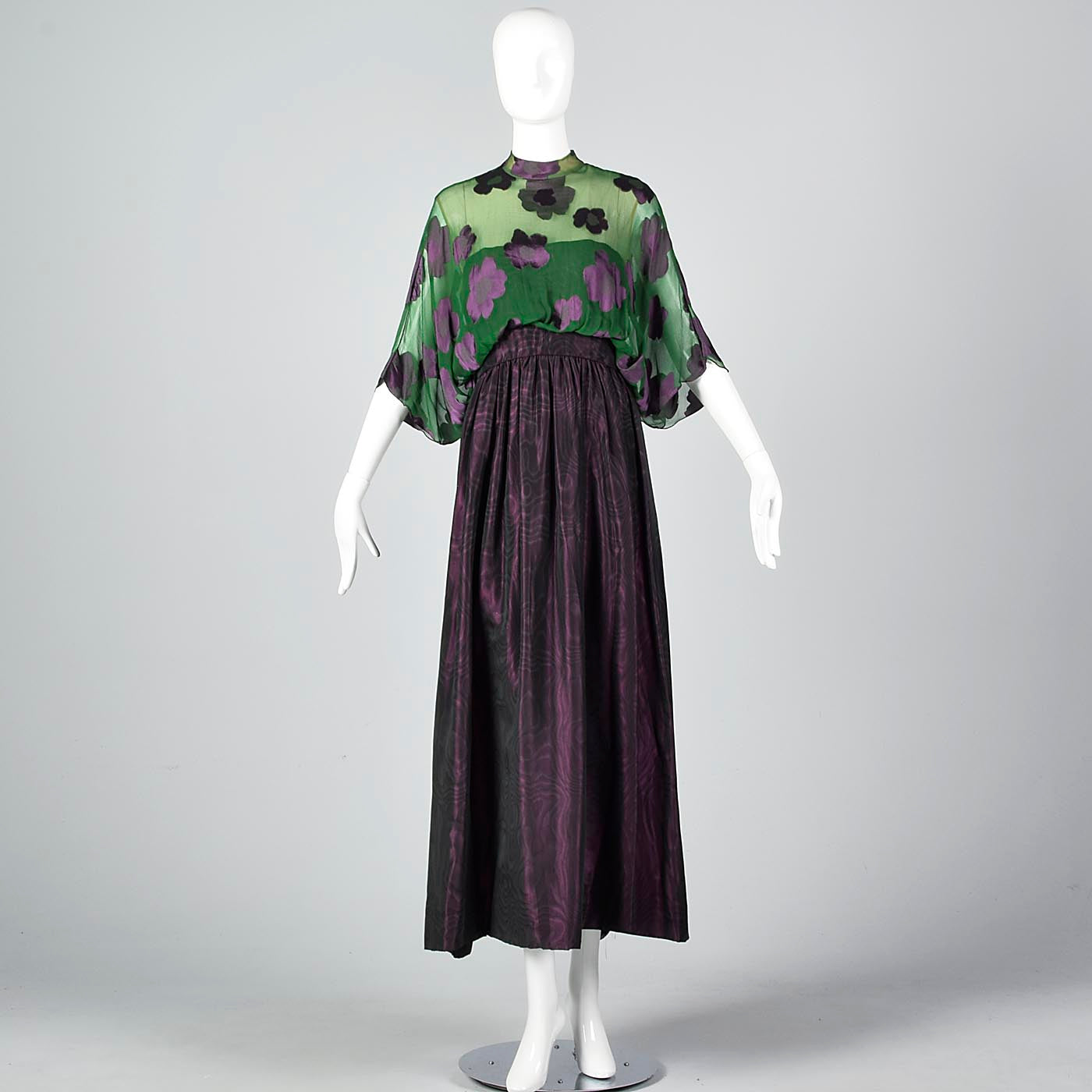 1970s Alfred Bosand Green Silk & Plum Purple Evening Gown