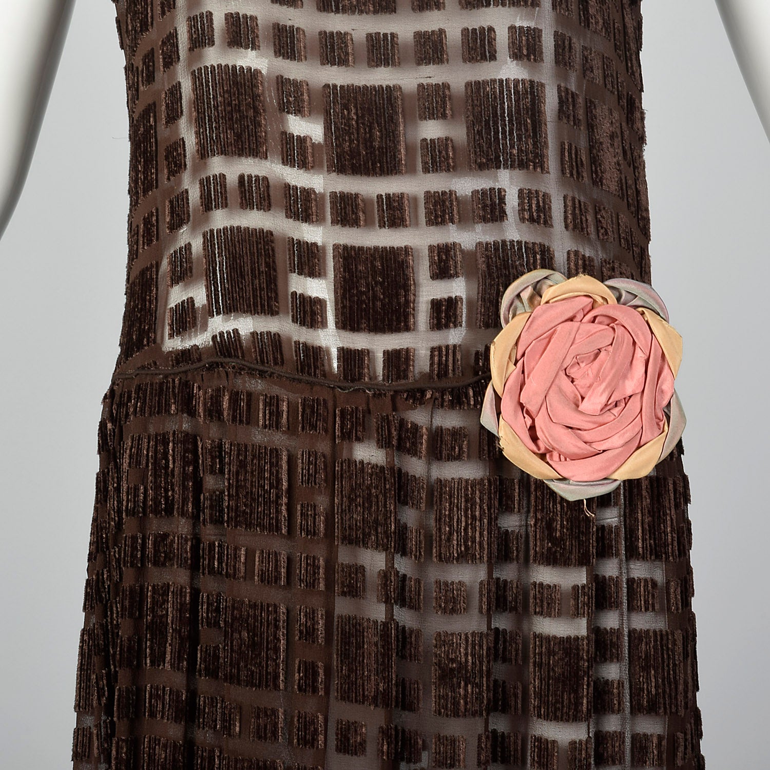 XS 1920s Sheer Brown Silk Devore Dress
